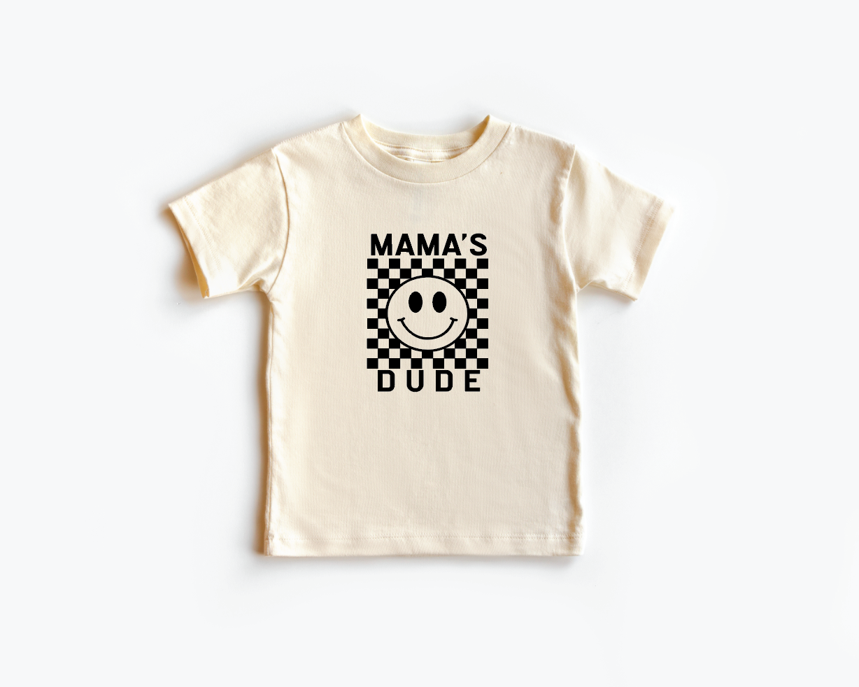 Natural color unisex crew neck tee with Mama's Dude checkered print