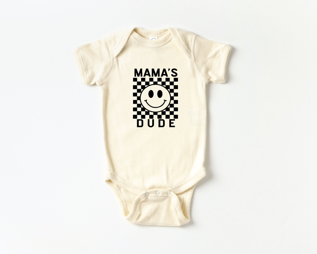 Unisex baby onesie in a modern checkered plaid pattern with snap closure and short sleeves.