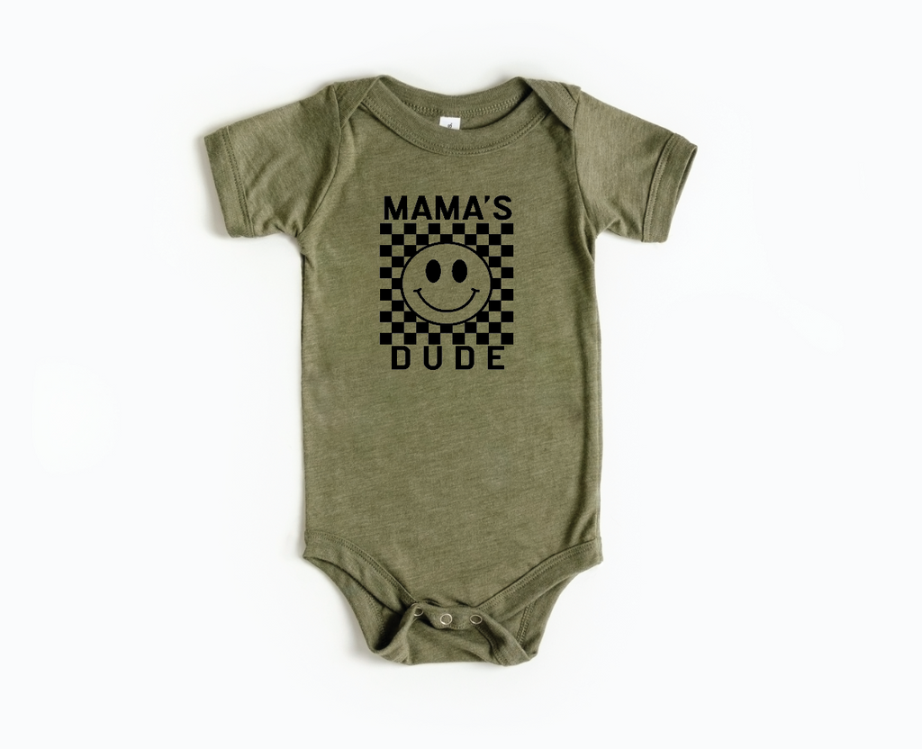 Mama's Dude Checkered Onesie in Off-White, Black and Olive-Green
