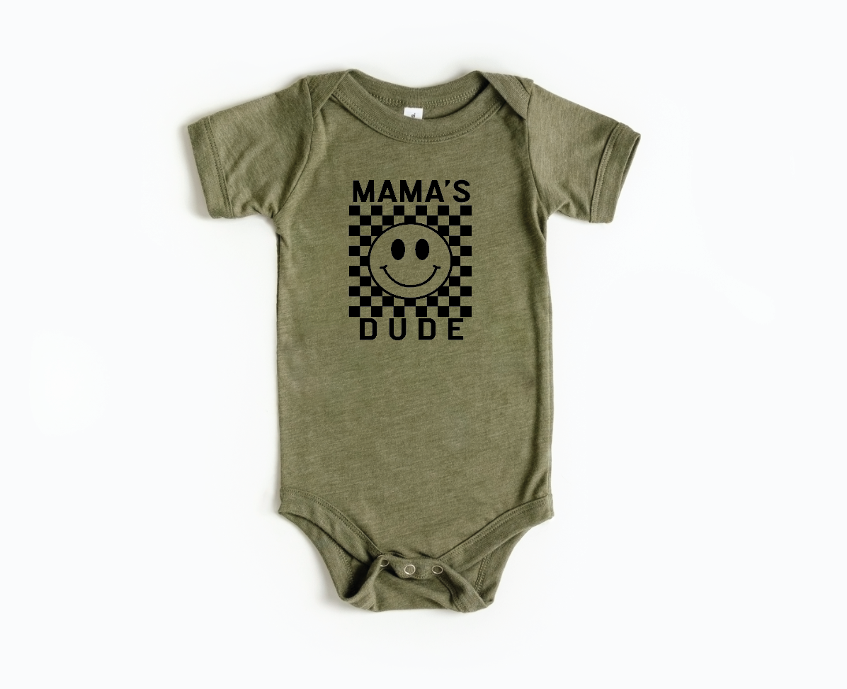 Mama's Dude Checkered Onesie in Off-White, Black and Olive-Green