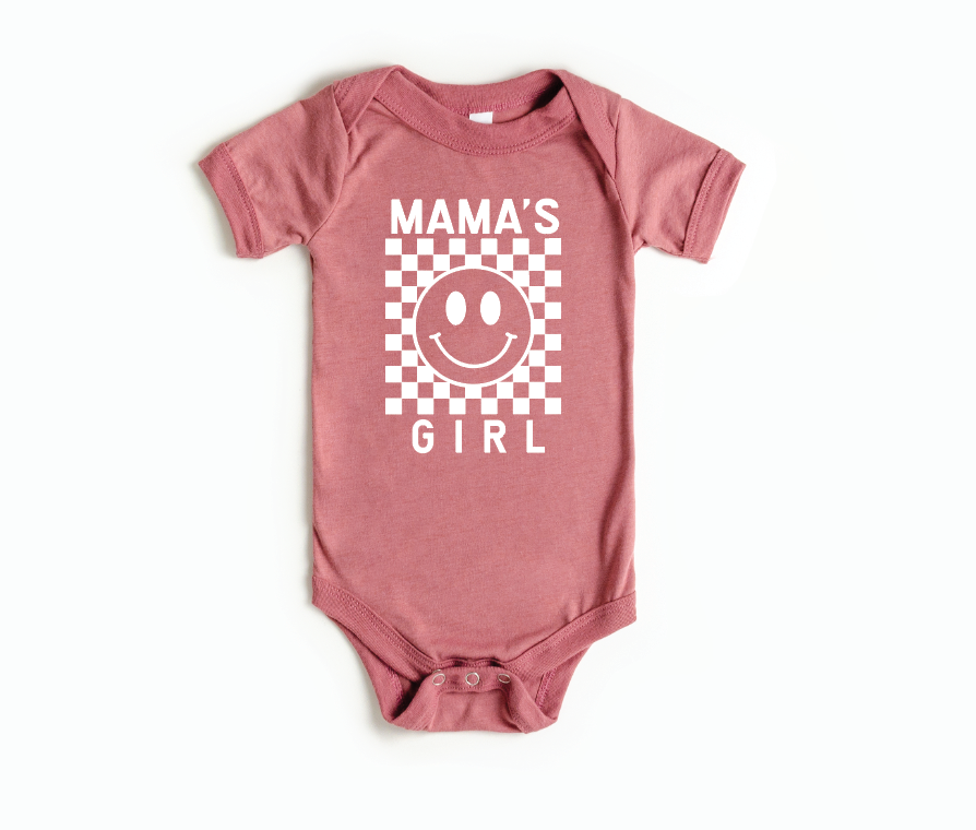 Mauve and black checkered Mama's Girl onesie for babies