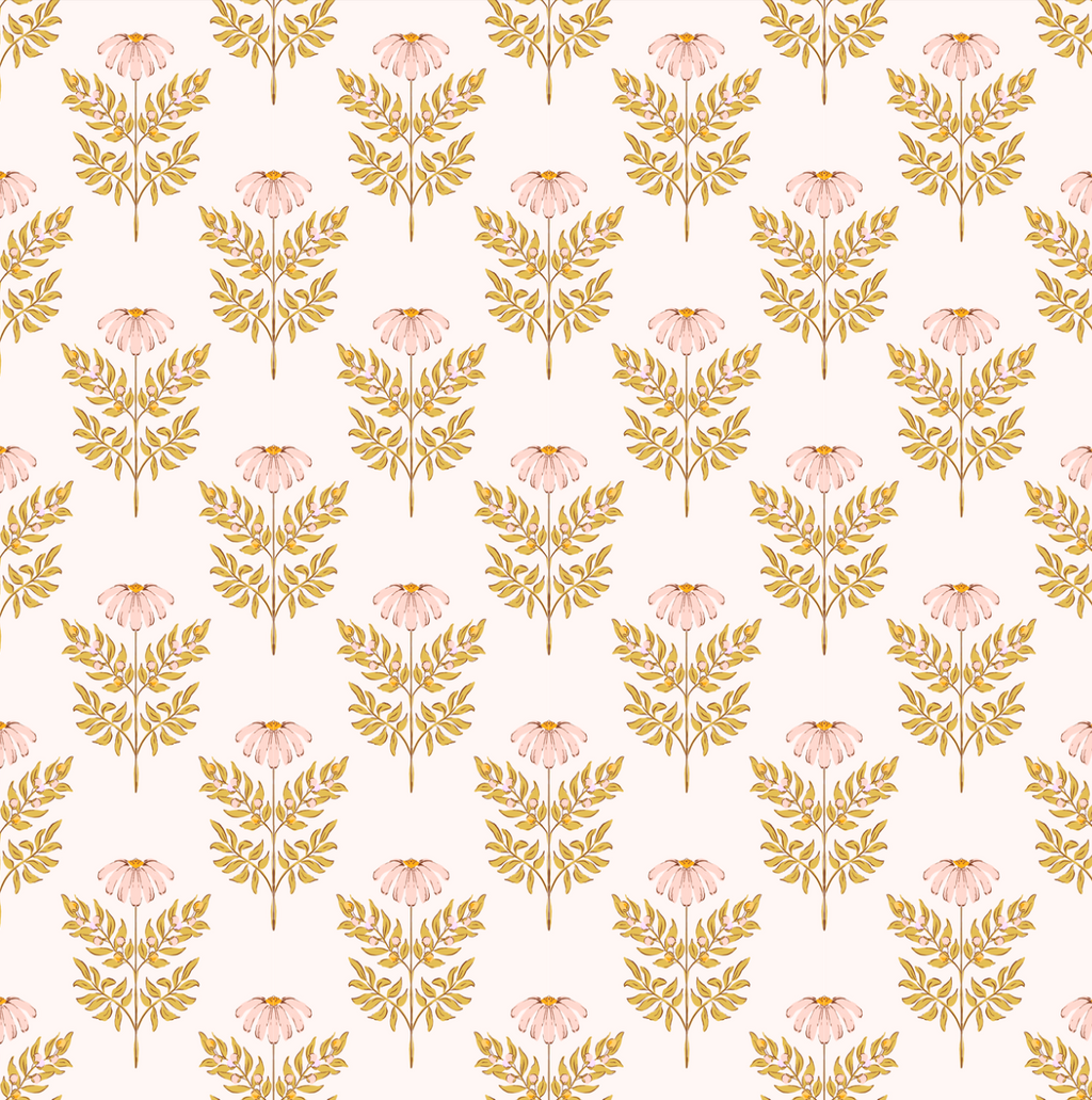 Prue Floral Removable Wallpaper in Blush Pink and Mustard Yellow