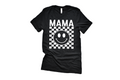 Women wearing a black and white checkered smiley face graphic t-shirt with short sleeves.