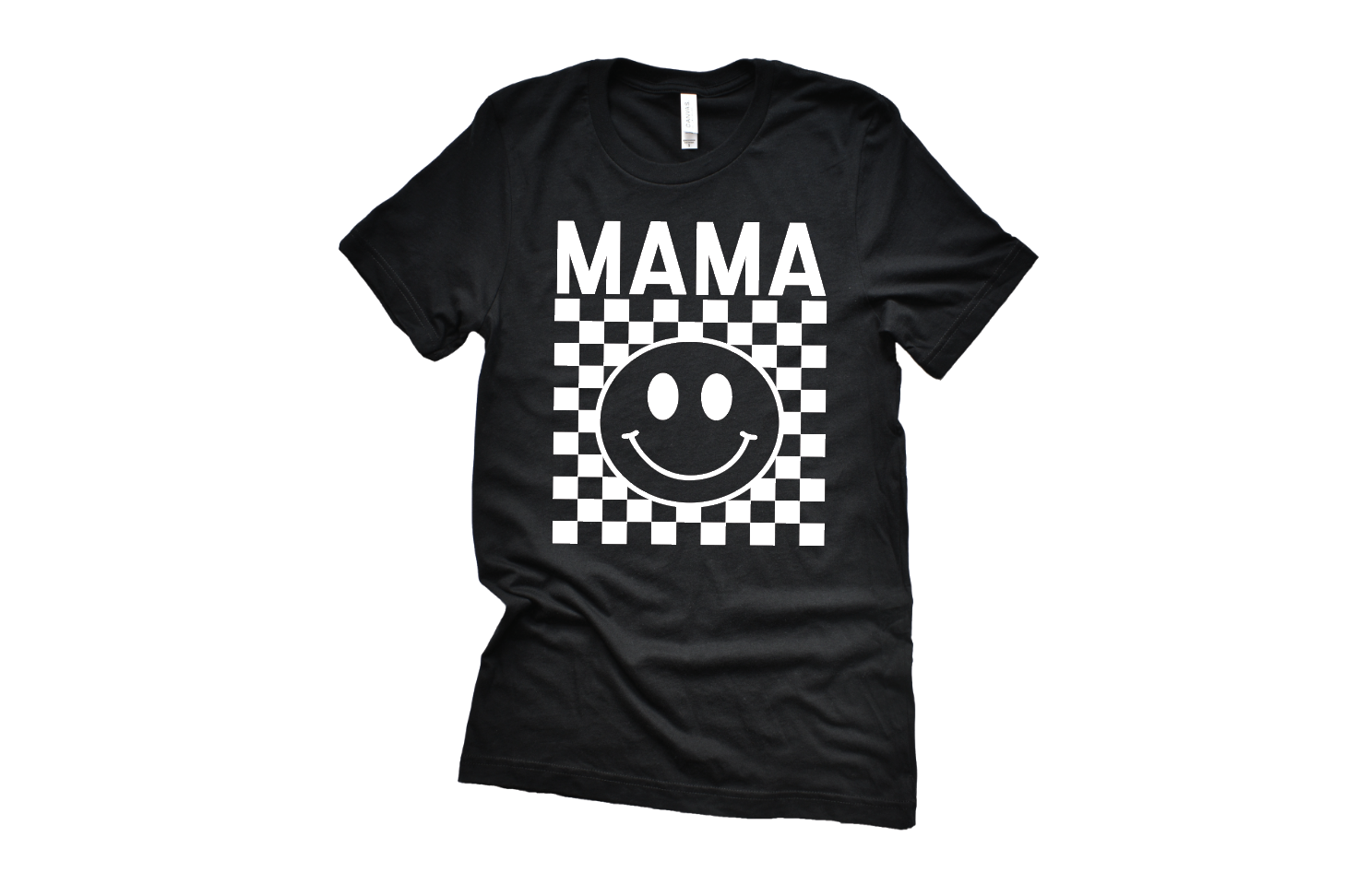 Women wearing a black and white checkered smiley face graphic t-shirt with short sleeves.