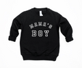 Kids wearing a soft knit long sleeve varsity pullover with Mama's Boy graphic detail.