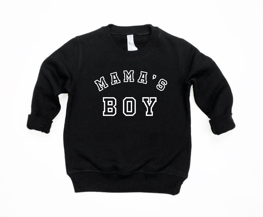 Kids wearing a soft knit long sleeve varsity pullover with Mama's Boy graphic detail.