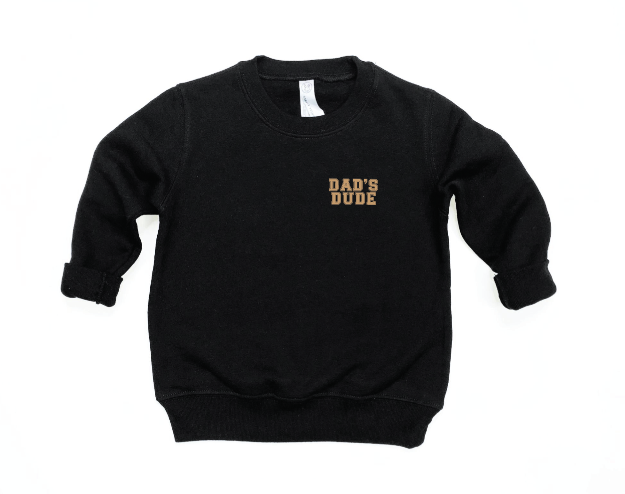 Minimalist black and tan knit pullover with Dad's Dude graphic.