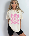 Close up of the Mama Pink Checkered short-sleeve cotton t-shirt