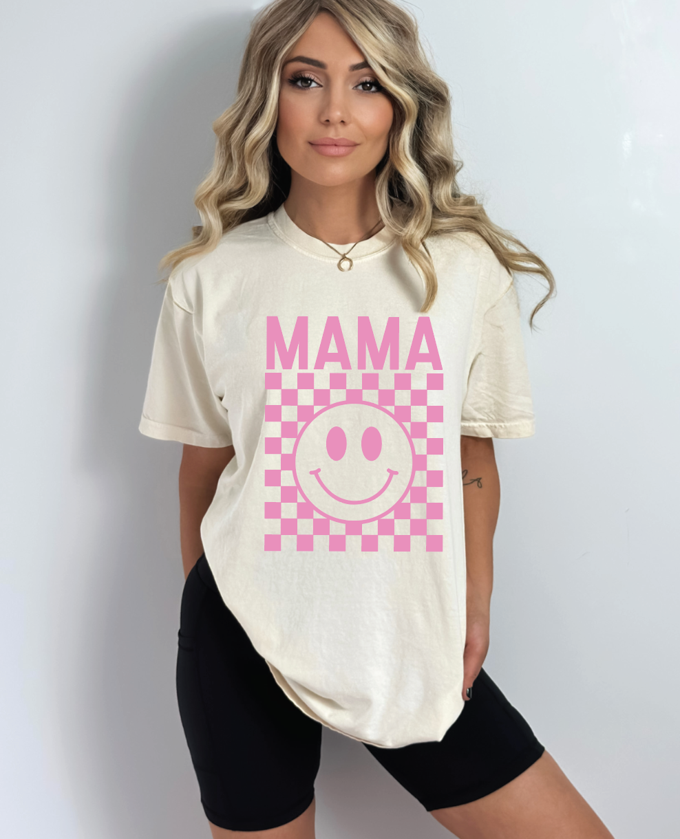 Close up of the Mama Pink Checkered short-sleeve cotton t-shirt