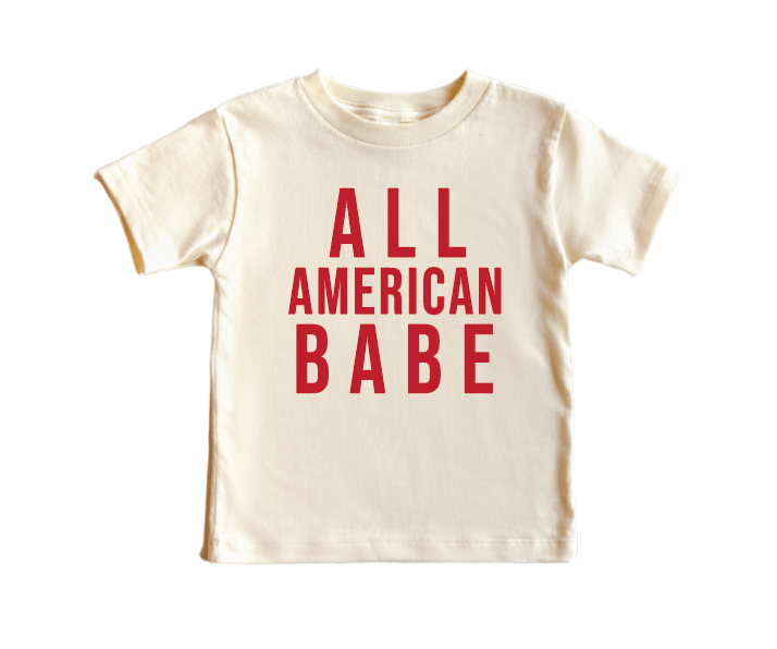 All American Babe t-shirt in natural white featuring a patriotic graphic design