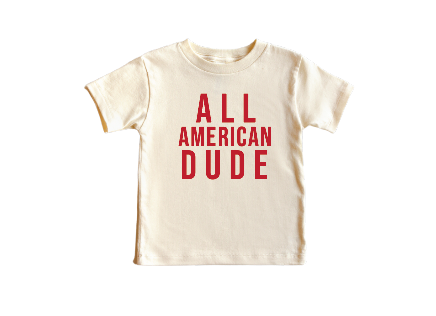 All American Dude t-shirt in natural white featuring a patriotic graphic design