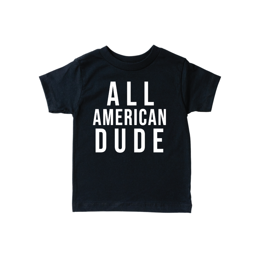 Front view of All American Dude black graphic t-shirt in 100% ringspun cotton