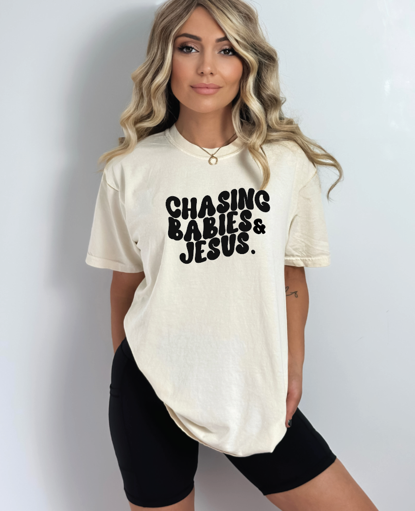 Women's Chasing Babies + Jesus Minimalist Graphic Cotton Tee