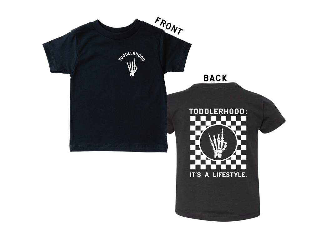 Toddlerhood branded streetwear style graphic tee in black, white, and cream.