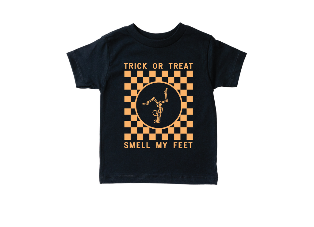 Kids black and white checkered Trick or Treat Halloween graphic t-shirt