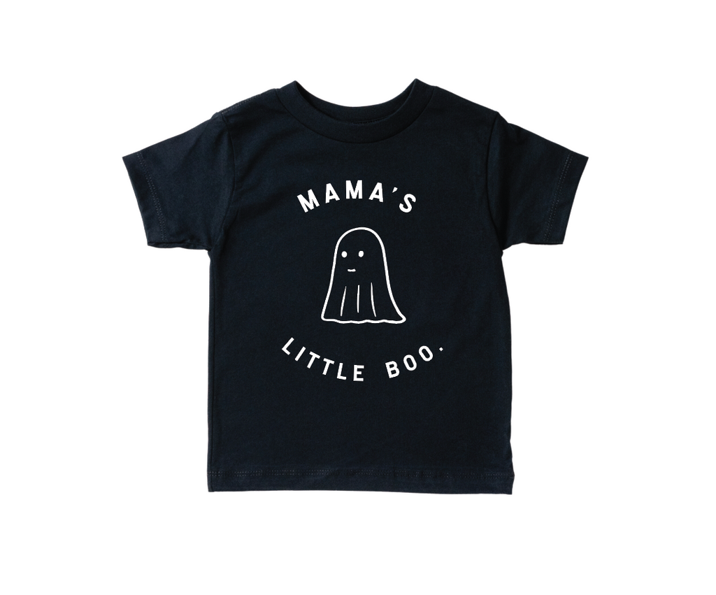 Mama's Little Boo Crew kids cotton graphic tee in black and cream