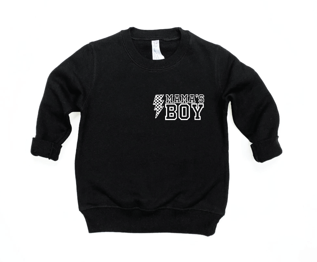 Unisex Mama's Boy lightning pullover sweatshirt available in black and white