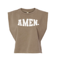Woman wearing a boxy, cropped AMEN muscle tank in a vintage wash finish.