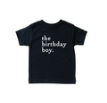Minimalist black Birthday Boy graphic t-shirt for kids, made from soft cotton