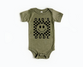 Checkered plaid baby onesie in olive green, black, white, and cream.
