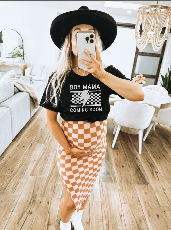 Black and white Boy Mama Coming Soon graphic tee for expectant mothers.