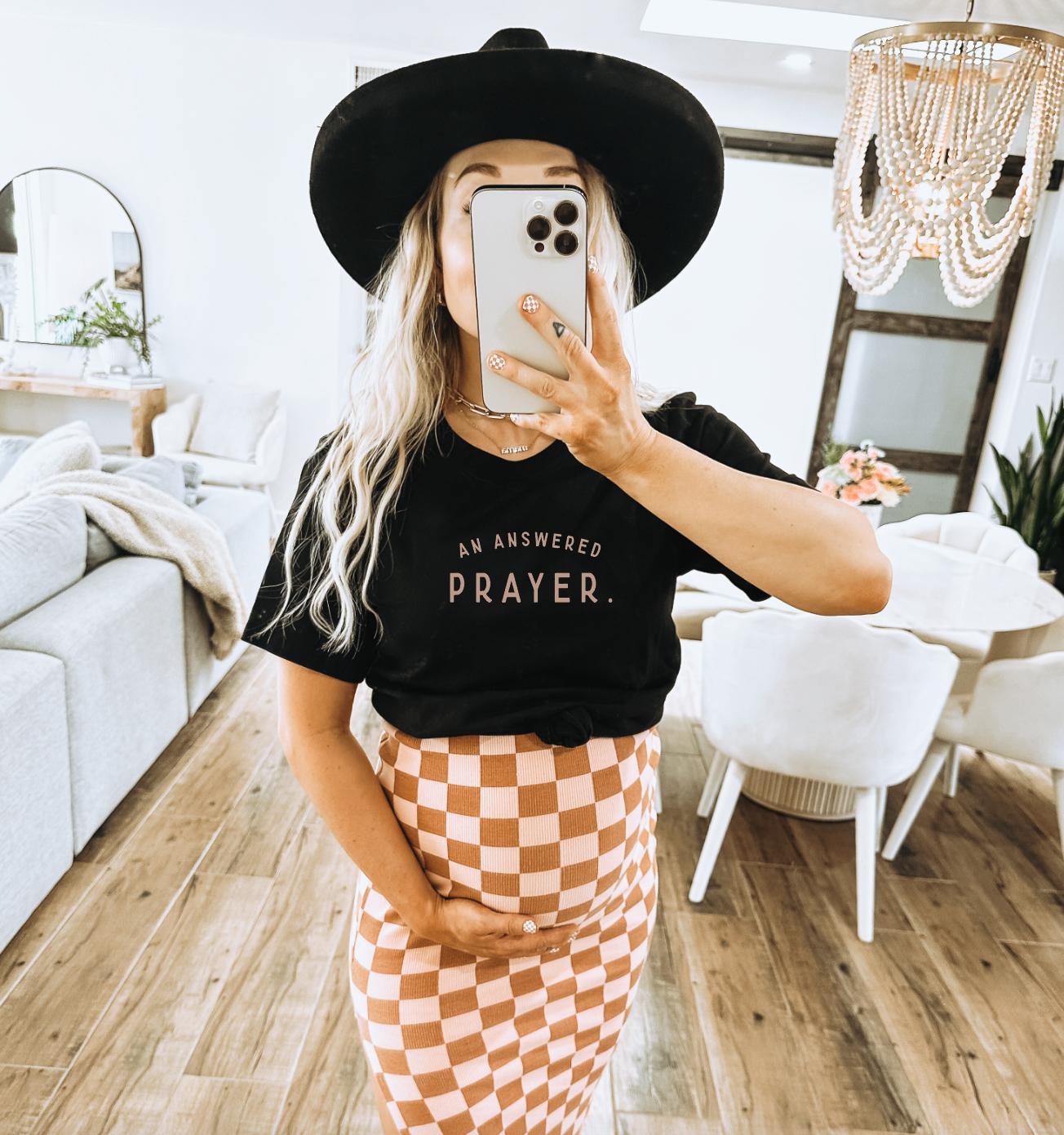 Women's An Answered Prayer cotton tee in black and blush-pink
