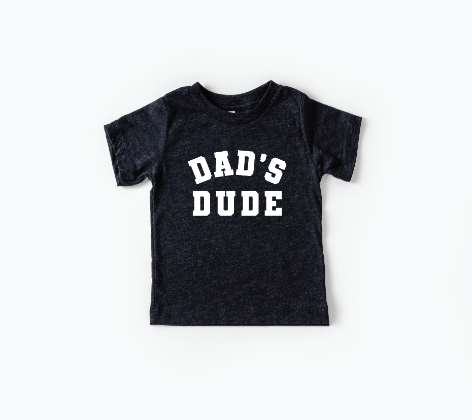 Black, grey, and beige Dad's Dude collegiate graphic tee for children.