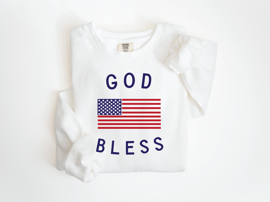 White and blue God Bless America lightweight unisex knit pullover.