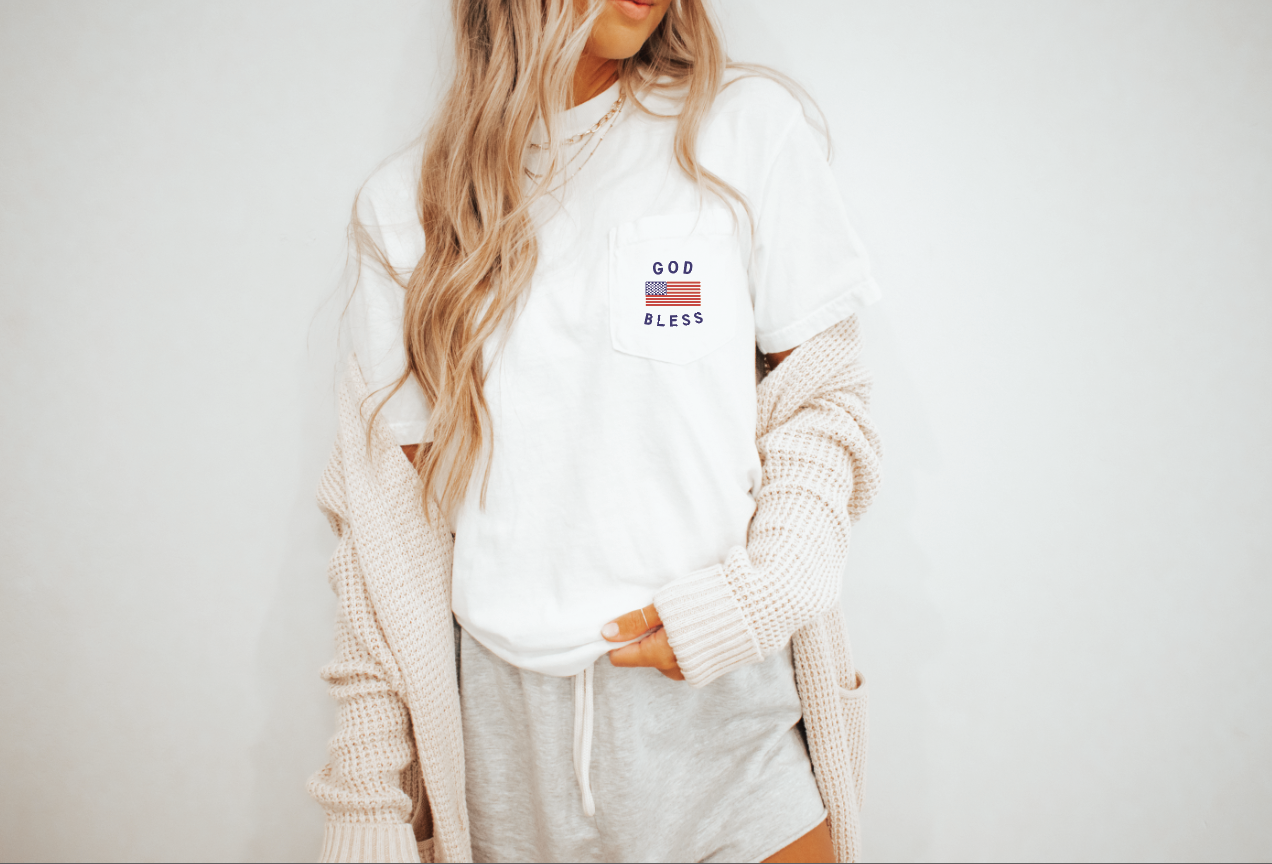 God Bless America patriotic unisex pocket tee in white
