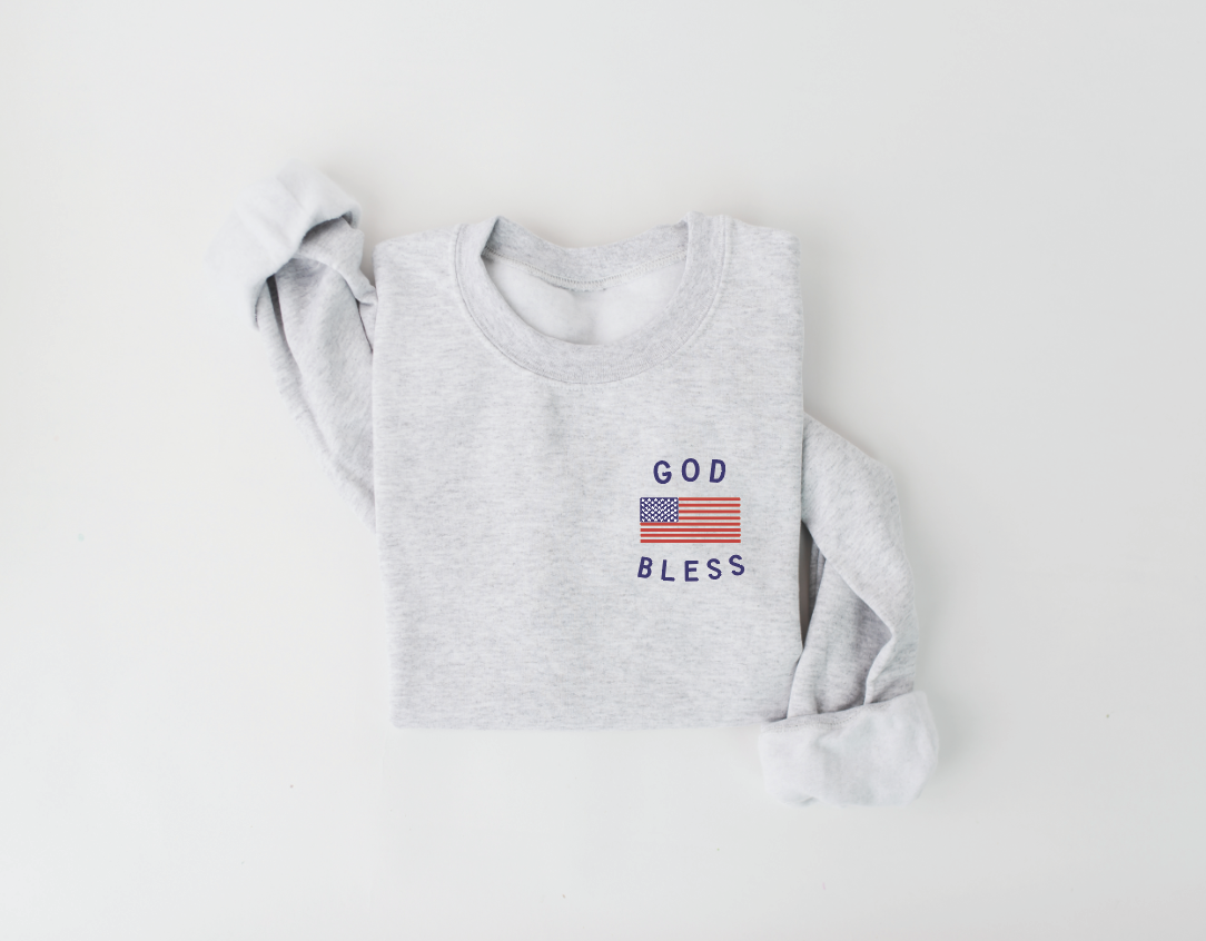 Unisex God Bless America knit pullover with pocket detail