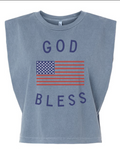 Women's vintage faded muscle tank with God Bless America graphic