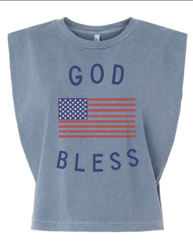 Women's vintage faded muscle tank with God Bless America graphic