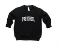 Child wearing a black and white preschool varsity pullover in a casual knit fabric.