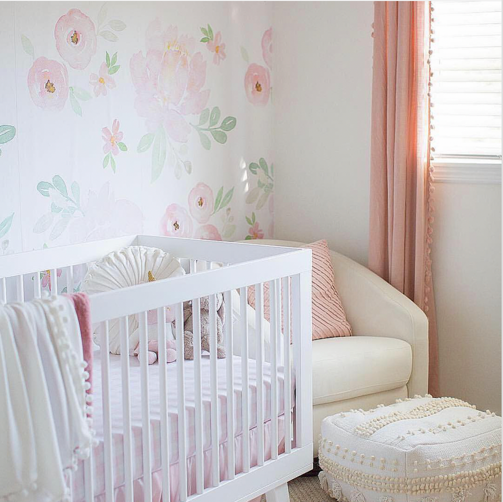 Jocelyn floral bohemian wallpaper in pink, white, and sage-green