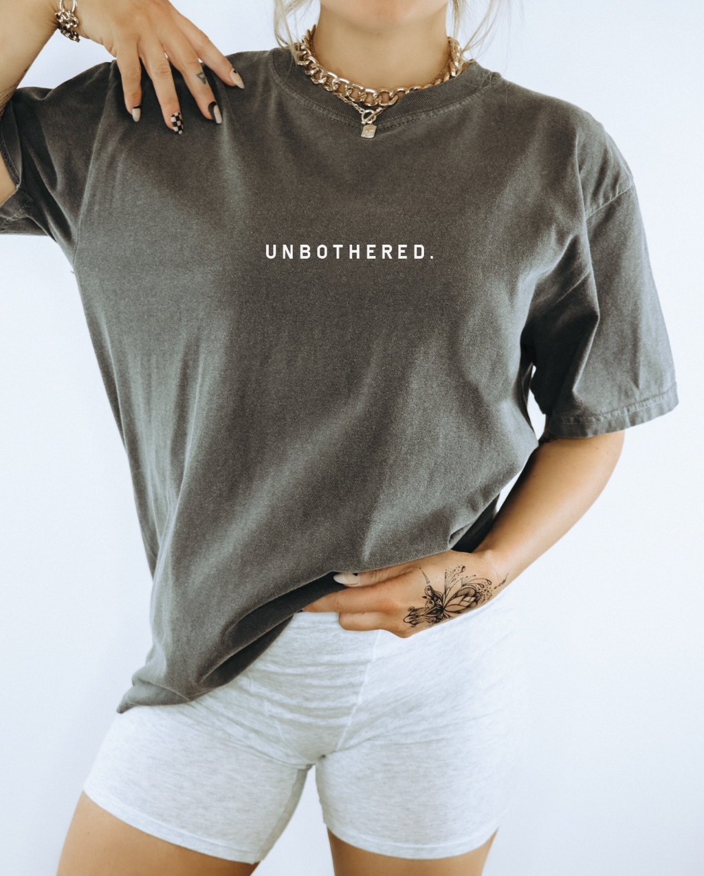 Unbothered minimalist graphic t-shirt in charcoal-grey and white