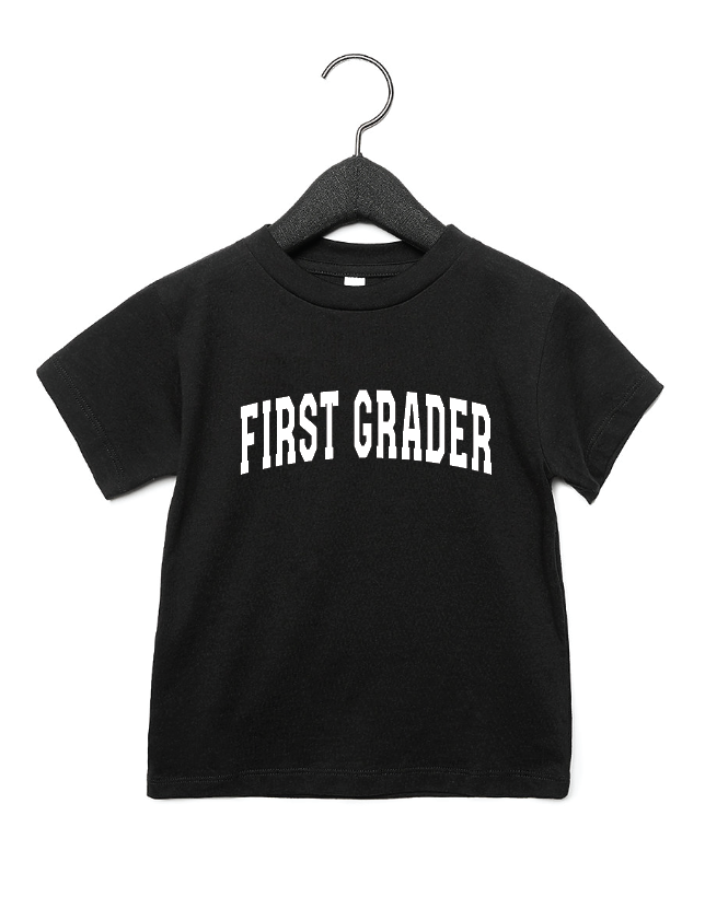 Child wearing a First Grader Varsity crew neck cotton t-shirt