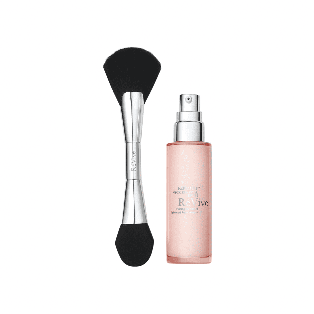 RéVive Fermitif Neck Serum bottle in translucent pink with metallic silver cap and dual-ended applicator brush.