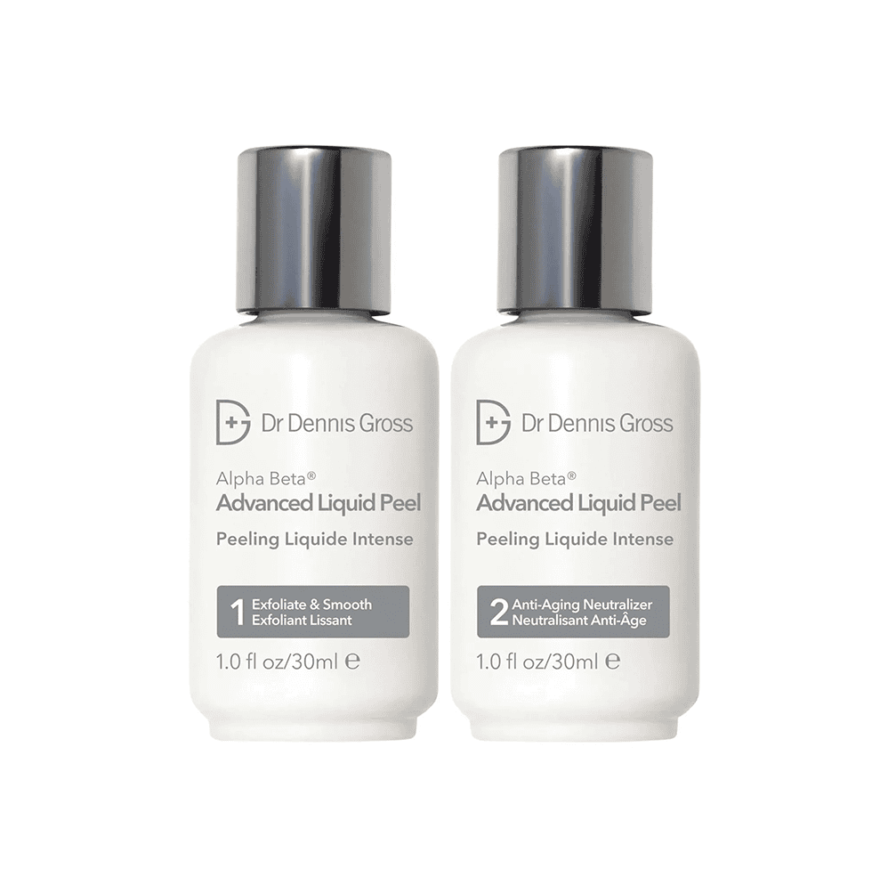 Dr. Dennis Gross Alpha Beta Advanced Liquid Peel two-step bottle set in clinical white and silver packaging.
