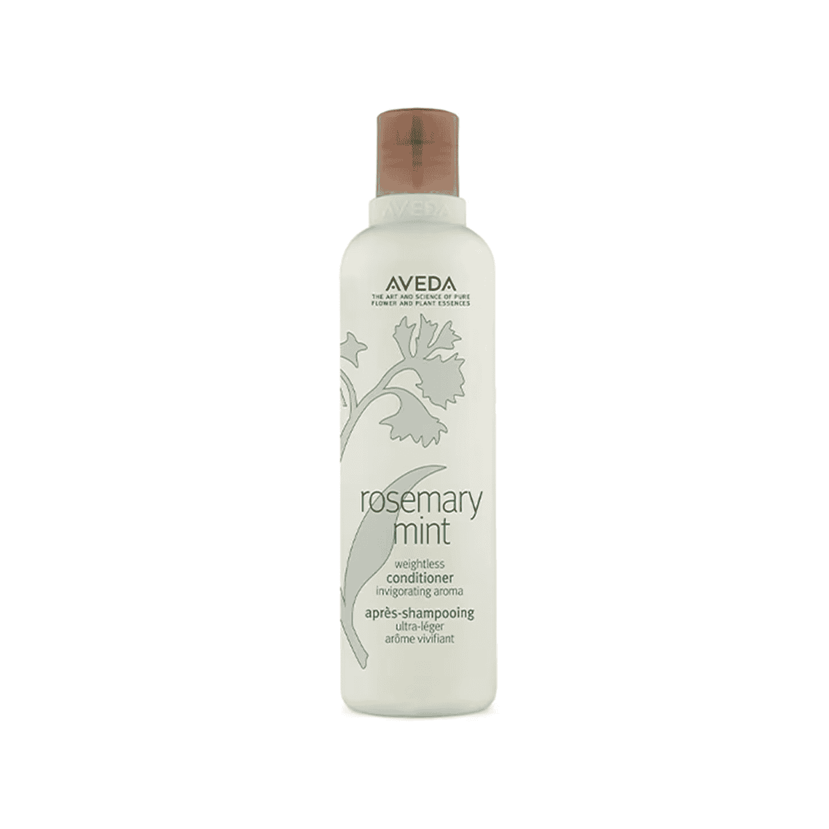 A bottle of Aveda Rosemary Mint Weightless Conditioner, a plant-based hair conditioner for body and shine.