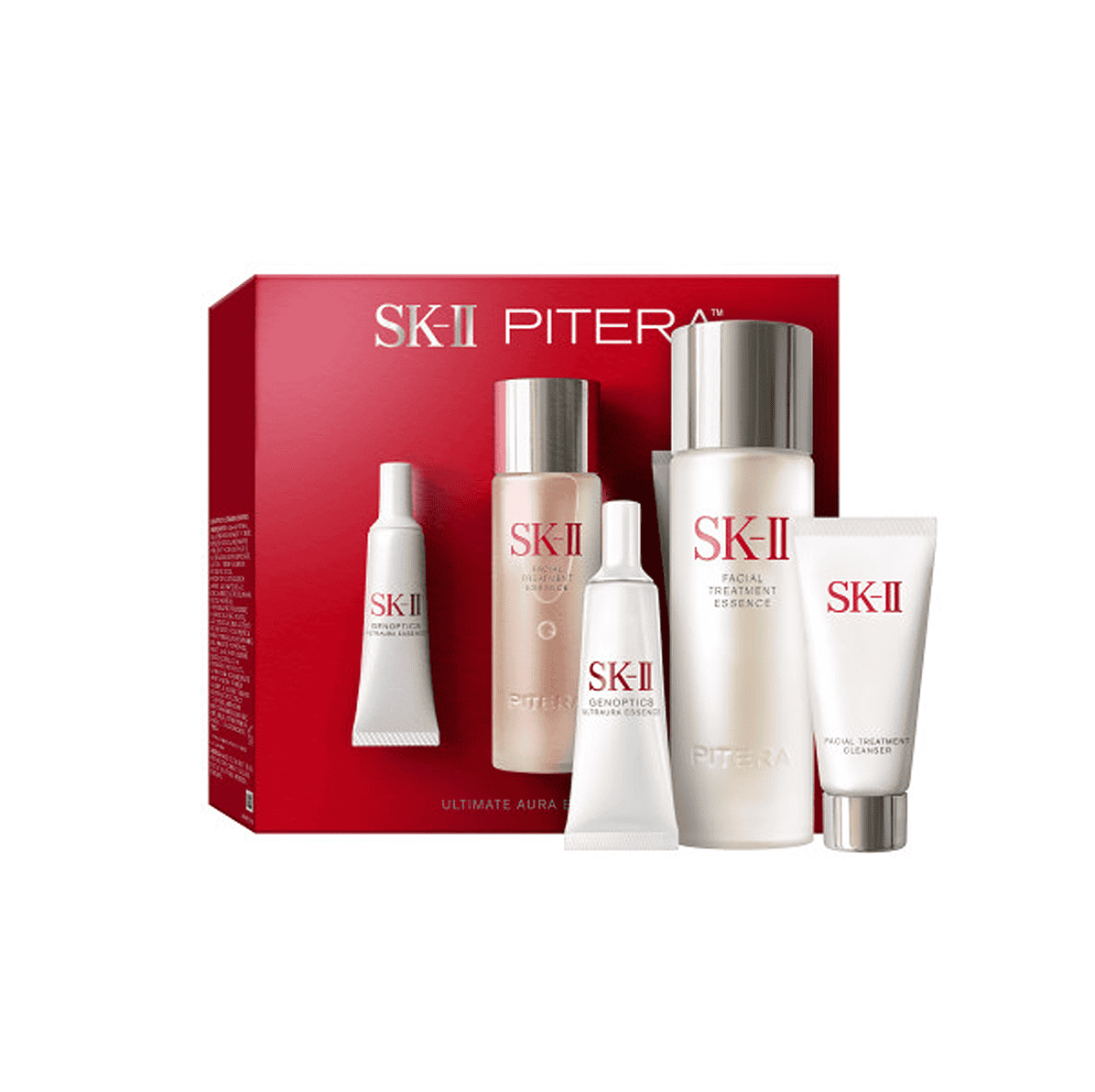 SK-II PITERA Ultimate Aura Skincare Essentials Kit in minimalist silver and white packaging.