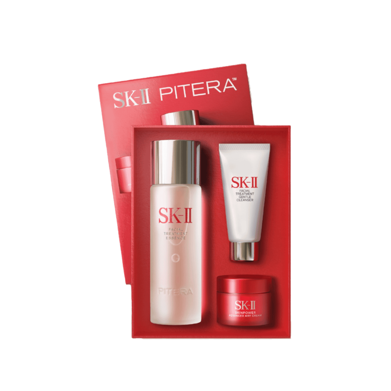 SK-II PITERA Youth Essentials Kit featuring cleanser, treatment essence, and airy cream in red, silver, and white packaging.