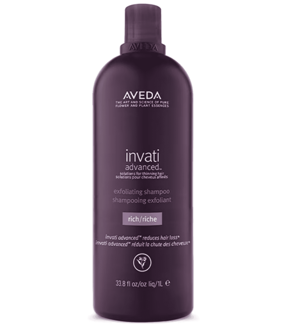 A large purple bottle of Aveda Invati Advanced Exfoliating Shampoo Rich for thinning hair