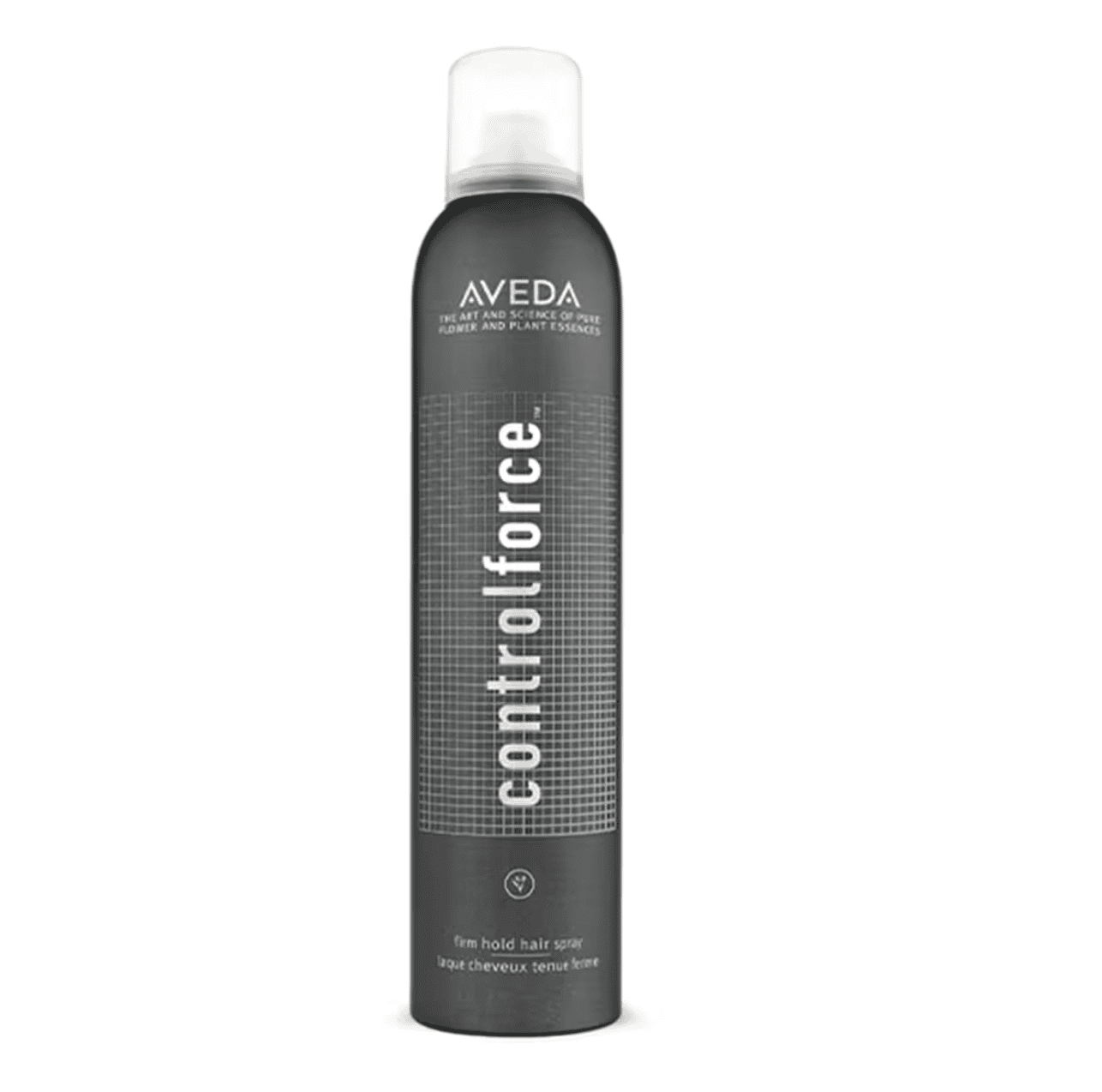 Aveda Control Force Firm Hold Hair Spray bottle in charcoal grey with white text, 8.2 OZ size.