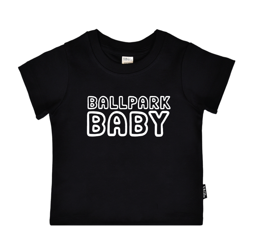 Kids Ballpark Baby baseball graphic top in black and white solid cotton