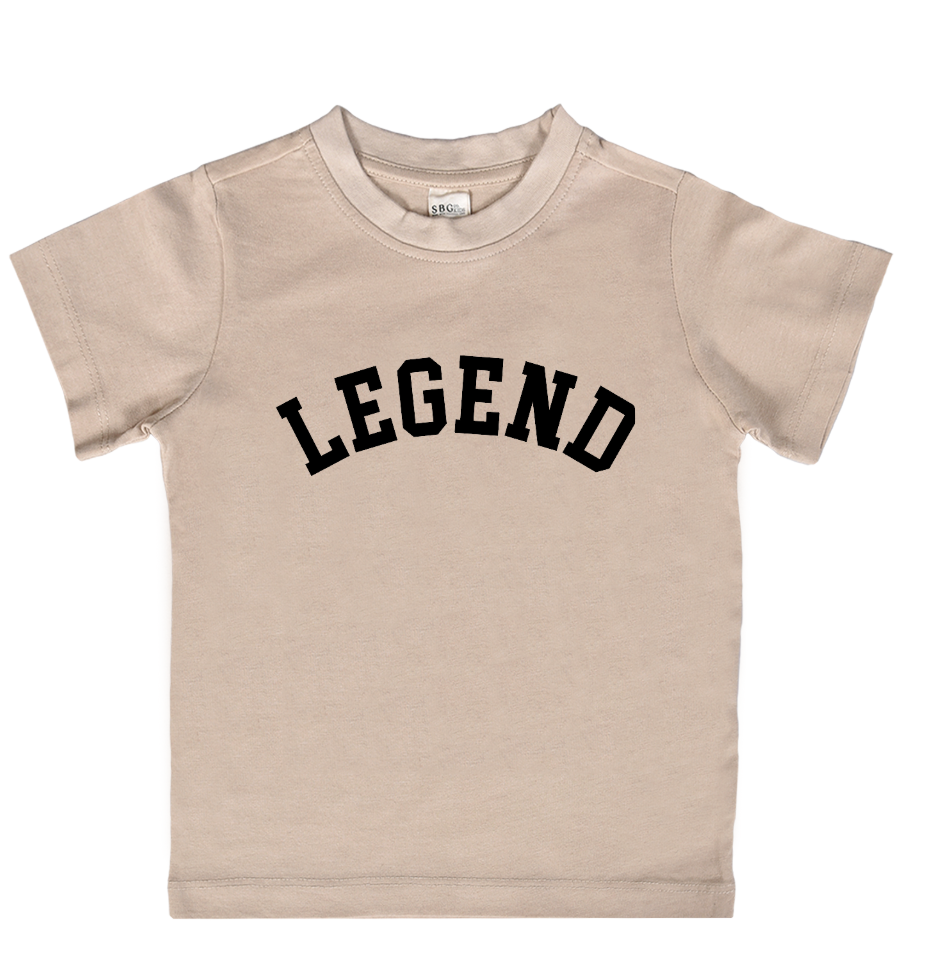 Minimalist Legend graphic kids tee in neutral colors