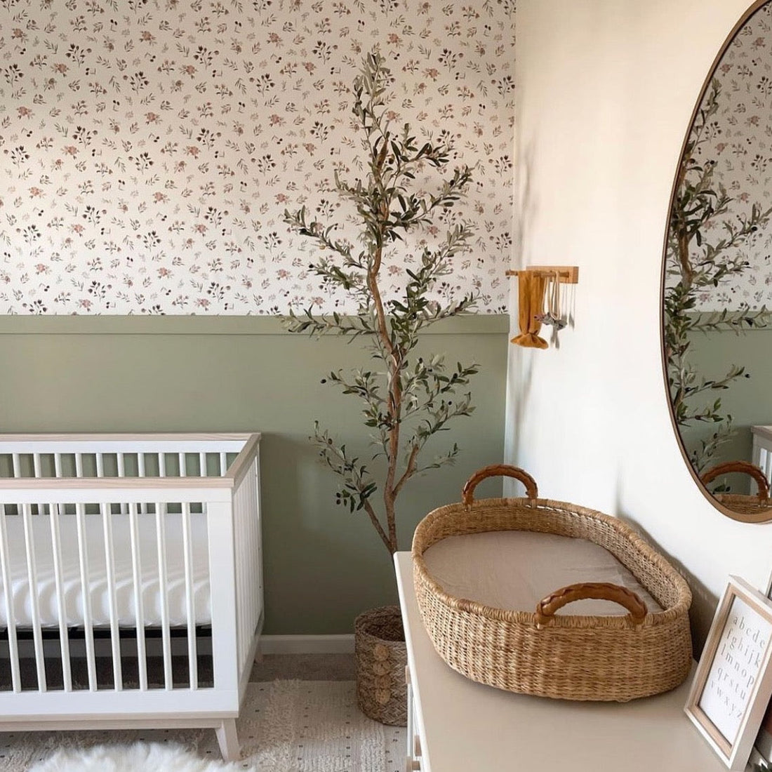 Holland floral wallpaper with dusty-rose and muted-green botanical elements.