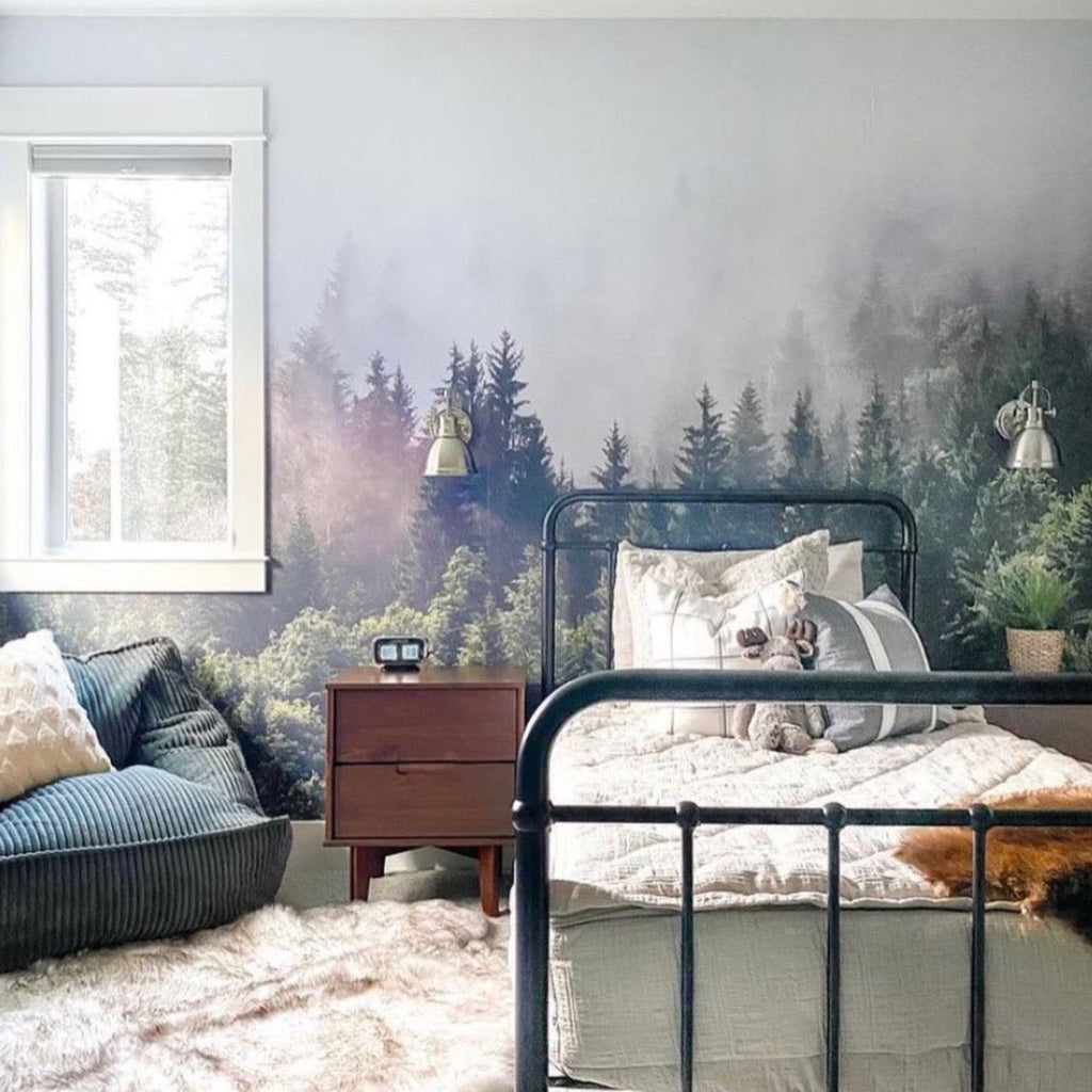 Caspian wallpaper featuring a modern-rustic green and grey pattern on a wall.