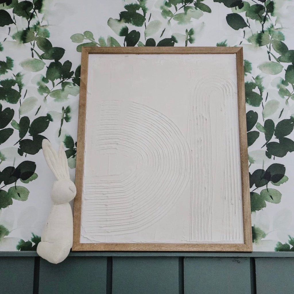 Hunter botanical wallpaper in green and white applied to a modern-farmhouse styled wall.