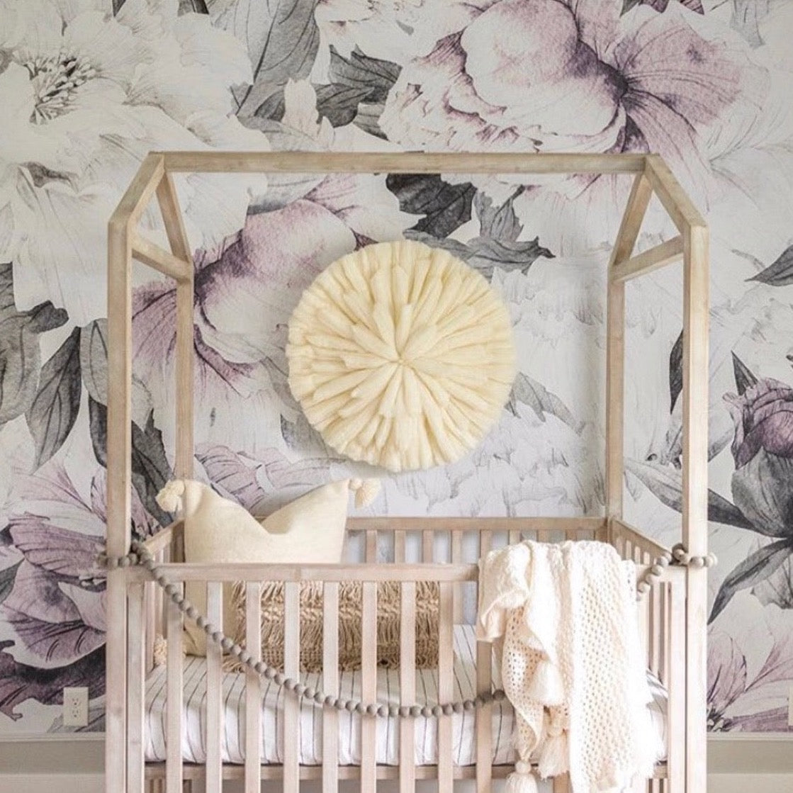 Romantic floral wallpaper in white, lavender, and grey hues for a modern farmhouse aesthetic.