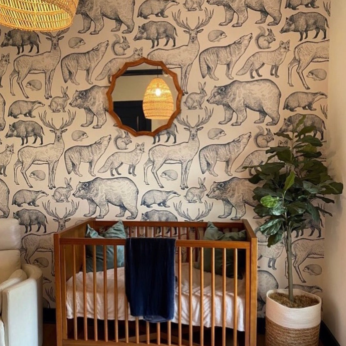 James patterned removable wallpaper on a styled home interior wall